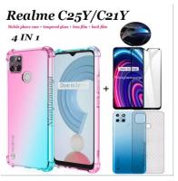 สำหรับ Realme C21Y C25 C25Y โทรศัพท์มือถือกรณี Realme C12 C15 C17 C20 Realme C11 2021โทรศัพท์มือถือกระจกนิรภัยสายรุ้งสี Gradient สี่มุมโทรศัพท์มือถือ Anti-Drop กรณี + ฟิล์ม + ฟิล์มเลนส์คาร์บอนไฟเบอร์กลับฟิล์ม