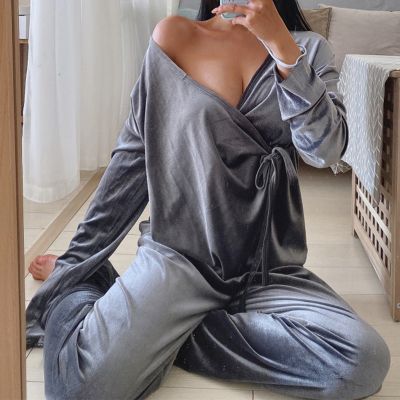 2021Sexy Deep V-neck Pajamas Set Women Long Sleeve Home Clothes Sleepwear Homewear Atoff Home Female Winter Velvet Warm Pijamas