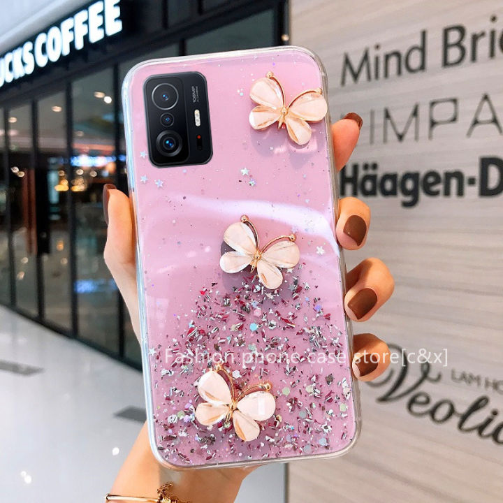 เคสโทรศัพท์-xiaomi-11t-pro-mi-11-lite-5g-ne-mi-10t-pro-phone-case-เคสใสสีสันสดใสแบบใหม่เคสกลิตเตอร์ฟอยล์สีเงินรูปผีเสื้อ3d-แบบนิ่ม2021