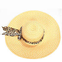 Summer Exquisite Leopard Ribbon Bowknot Decorated Openwork Sun Hat For Women