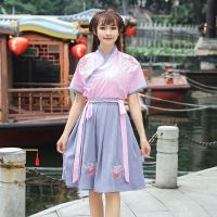 2022 new Hanfu womens summer short suits daily improvement cross-collar waist embroidery Chinese style Han element Ru skirt is fresh and elegant