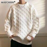 MAYCHEER เสื้อสเวตเตอร์ผู้ชายสีกากี,เสื้อกันหนาวปลายสูงใหม่เสื้อสเวตเตอร์คอกลมทรงโอเวอร์ไซส์