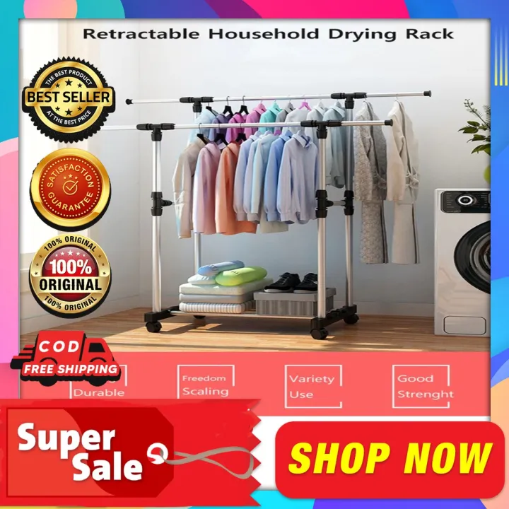 Stainless Steel Dryer Rack Double Rail Hanging Clothes Rack Drying Laundry Rack with Castors