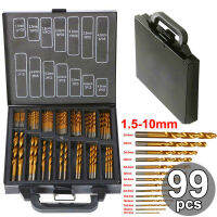 AA 99Pcs Titanium Coated HSS Drill Bits Set ชุดดอกสว่านเคลือบไทเทเนียมอย่างดี 99 ชิ้น ขนาด 1.5-10 MM เจาะเหล็ก สแตนเลส ไม้ พร้อมกล่องเหล็กอย่างดี