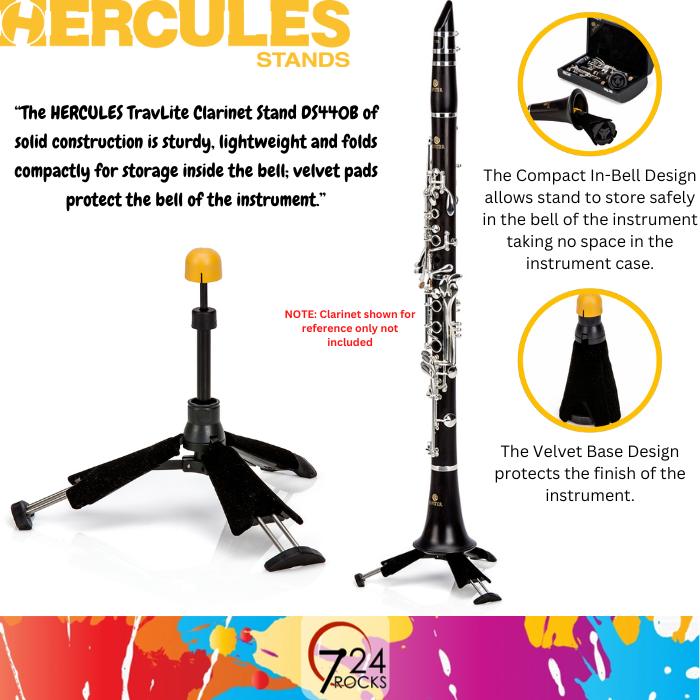 Soporte Plegable Para Clarinete Hercules DS440B TravLite - Ligero, Compacto Y Con Base Acolchada Para Proteger El Instrumento