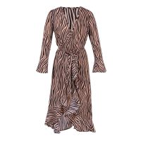 Women Chiffon Dress Zebra Striped Print Ruffles Dress V-Neck Long-Sleeved Dress Casual Vintage Party Midi Dresses