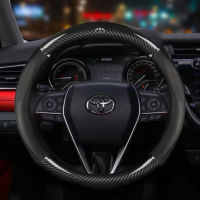 พวงมาลัยรถยนต์38ซม.,ทำจากหนังคาร์บอนไฟเบอร์กันลื่นสำหรับ Toyota Avensis Corolla Prius Camry