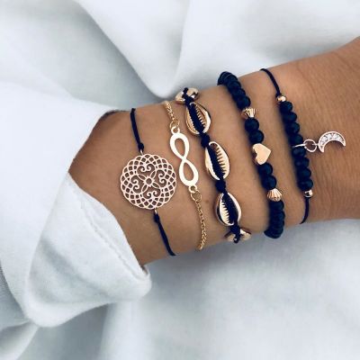 5pcs/set Bohemia Shell Moon Charm Bracelet set For Women Heart Geometric Black Beads Chain Bangle Girls Fashion Jewelry Gift
