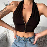 Kayotuasผู้หญิงลำลองซิปSlim Clubเสื้อแขนกุดHalter VคอBackless Solid Streetwear