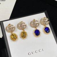 2023 New Style Full Diamond Double G Gemstone Earrings Female European American Vintage Classy Brass SiLer Needle