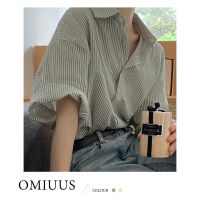 [OMIUUS] เสื้อผู้หญิงแขนสั้นชีฟองย้อนยุคฝรั่งเศสลำลองลายทาง