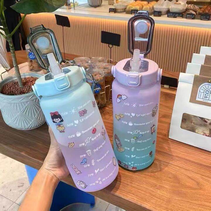 2 LITERS PASTEL Motivational Water Bottle with Time Marker Straw-BPA ...