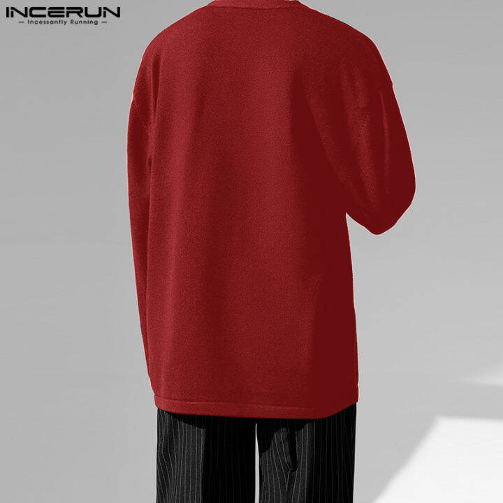 incerun-เสื้อสเวตเตอร์ถักลายหัวใจคอวีแขนยาวสำหรับผู้ชายชุดกิโมโน-สไตล์เกาหลี