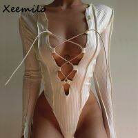 (Hot clothes)Xeemilo ชุดบอดี้สูทเซ็กซี่แถบคาดสีพื้น,เสื้อยืดซี่โครงถักเข้ารูปเย็บปะติดปะต่อกันแขนยาวสำหรับผู้หญิง Y2K ชุดบอดี้คอนสำหรับเที่ยวคลับ