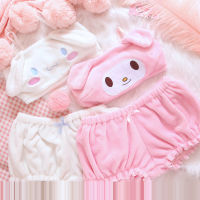 2023 Winter Womens Pajamas Anime Cosplay Costume Cute Girls Kawaii Bra and Panty Set Pink White Velvet Sexy Sleepwear Nightgown