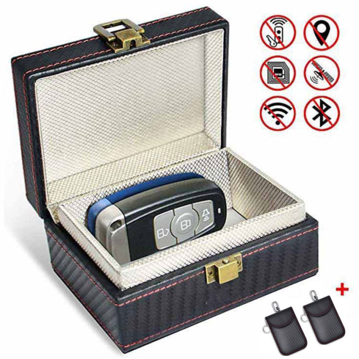 3-ชิ้น-ชุดตัวป้องกันสัญญาณกุญแจรถยนต์กล่องไม้ฟาราเดย์-pu-leather-signal-shielder-กระเป๋า-rfid-security-anti-theft-key-bag-สากล