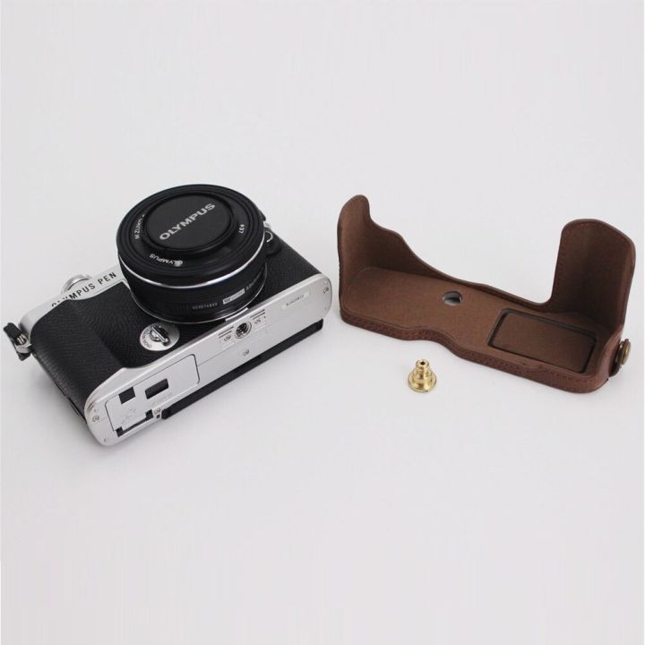 กระเป๋ากล้องแบบครึ่งตัวเคสหนัง-pu-สำหรับ-olympus-pen-e-p7-ep7ผ้าคลุมรถการเปิดแบตเตอรี่