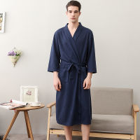 Uni Men Bathrobe Waffle Knit Nighties Peignoir Mele Bath Robe Sleepwear Nightgown Waistband Loungewear Eignoir Bain Nightgown