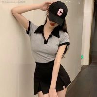 Suits summer new female temperament of a pure desire bump color collar short sleeve T-shirt show thin package tall waist hip split they sound