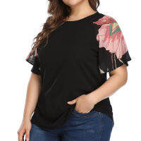 4XL Plus Size Tunic Blouses Women Fashion Black Floral Print Sleeve Shirts Casual Short Sleeves O-Neck Tops blusas de mujer