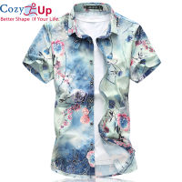 Cozy แขนสั้นเสื้อสไตล์จีนดอกไม้ Batik Slim สบายเส้นใยโพลีเอสเตอร์