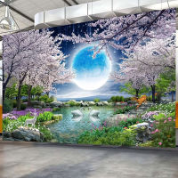 Self-Adhesive วอลล์เปเปอร์ภาพจิตรกรรมฝาผนังกันน้ำ3D Moon Cherry Blossom Tree Swan ภูมิทัศน์ Fresco ห้องนั่งเล่นสติ๊กเกอร์ติดผนังที่ถอดออกได้