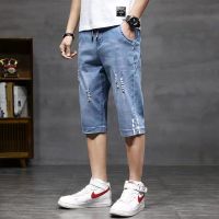 2023 COOL Mens Straight Jeans Summer Thin Broken Hole Casual Cropped Pants Elasticated Waist Fashion Plus Trousers