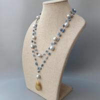 Y·YING Blue Kyanites Gray Rice freshwater Pearl statement Necklace Teardrop Brushed Gold Plated Pendant 21"