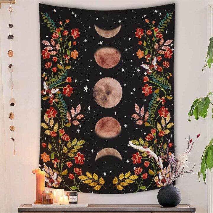 moon-tapestry-wall-hanging-boho-moonlit-plants-garden-tapestry-starry-night-carpet-black-background-floral-tapestry-decor