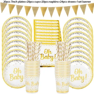 85pcs Oh Baby Gold Dot Disposable Tableware Set Boy Girl Baby Shower Favors Plates Cups Gender Reveal Kids Birthday Party Decor