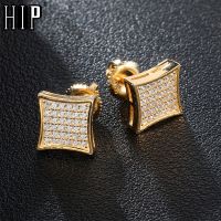 Hip HOP 1Pair Micro Full Paved Rhinestone Zircon CZ Square Bling Iced Out Stud Earring Copper Earrings For Men Jewelry