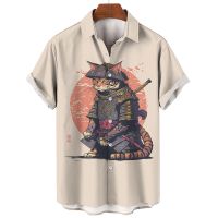 Original personality Japanese samurai cat graffiti daily wear fashion elements button mens cardigan large size clothing wide cover fat modern black short-sleeved shirt