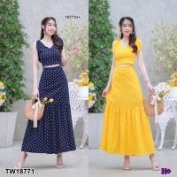 J18771 set 2ชิ้น เสื้อ ครอปลายจุด ผูกไหล่ + กระโปรงลายจุดยาว 2-piece set: polka dot crop top + shoulder tie + long skirt