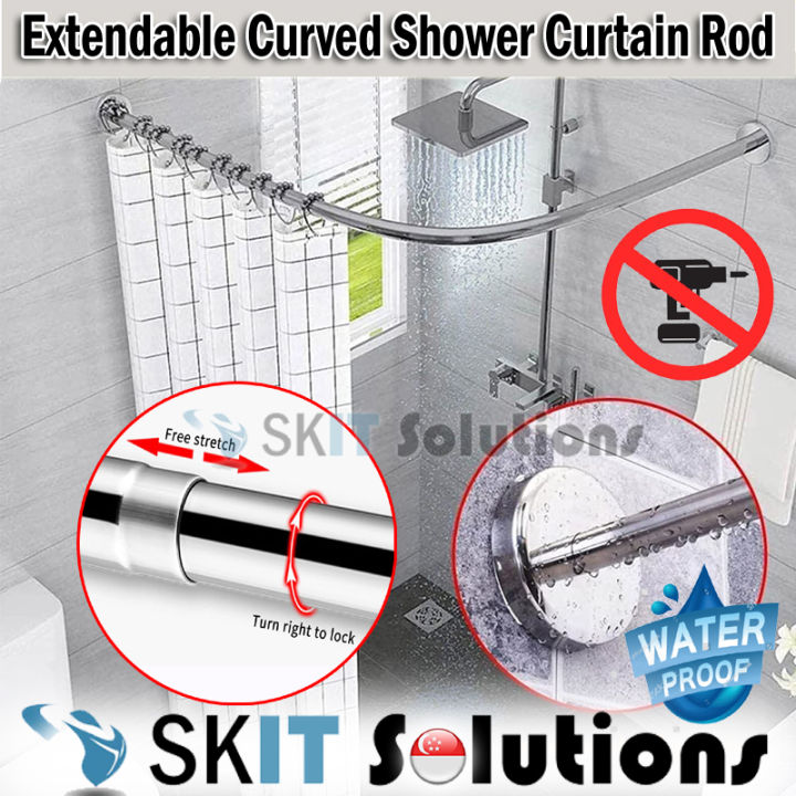 Corner Shower Curtain Rod Adjustable Stainless Steel Curved Shaped Rack  Bathroom 