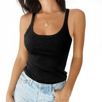 Holiday Discounts O Neck Summer Knit Vest Sleeveless Women  Basic T Shirt White Off Shoulder Ried Black Tank Tops Casual