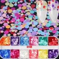 ELEGANT 12 Grids/Box Mix Sizes Silk Rainbow Round Sequins / Holo Hexagon Nail Glitter Paillette Noctilucent Powder Nail Art Slice Decals