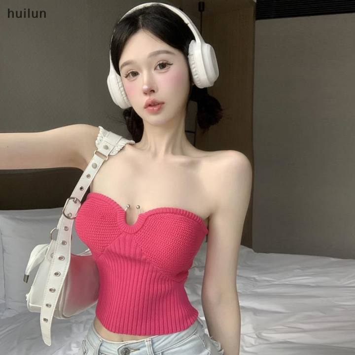 huilun-เสื้อสายเดี่ยวเข้ารูปของผู้หญิงเซ็กซี่เปิดหลังไร้สายแขนกุดสีทึบฤดูร้อนเสื้อกล้ามแบบถัก