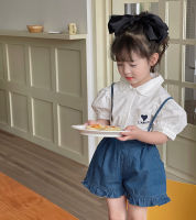 Ryefield เสื้อผ้าเด็กเกาหลีเด็กผู้หญิงแขนสั้นเสื้อเกาหลีชุดกางเกงขาสั้นผ้ายีนส์ผ้าฝ้ายนุ่มบาง 23 ฤดูร้อน