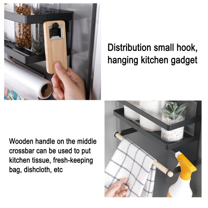 อุปกรณ์ที่ใช้ในครัวชั้นวางของที่ใส่เครื่องเทศราวไม้แขวนข้างตู้เย็นระบบแม่เหล็ก