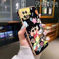 เคส Chenyyka สำหรับ OPPO เคส A15 A15s A35 4G ทันสมัยสีเทียน Shin-Chan ดีไซน์ใหม่โทรศัพท์ชุบสุดหรูลายขอบสี่เหลี่ยมคลุมทั้งหมดเลนส์กล้องถ่ายรูปเคสนิ่มป้องกันเคสกันกระแทก