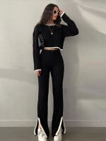 Women Casual Sweater Knitted Two Piece Set Lady Loose Pullover And High Waist Slit Pants Suit Elegant Female Contrast Outfit