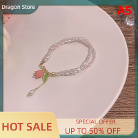 Dragon สร้อยข้อมือดอกทิวลิปสุดหรูแบบเกาหลีสำหรับผู้หญิงกำไลข้อมือไข่มุกเพทายเงางามปรับได้เครื่องประดับอินเทรนด์