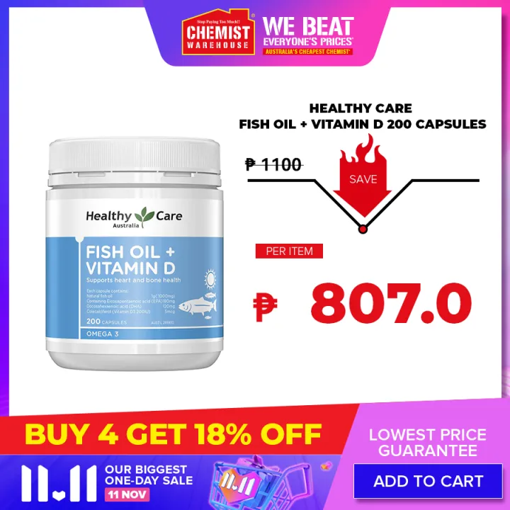 Healthy Care Fish Oil + Vitamin D 200 Capsules Support Heart And Bone