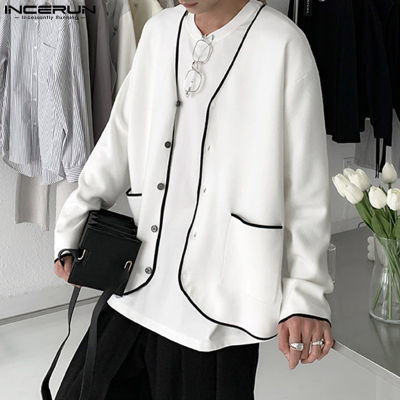 INCERUN เสื้อแจ็คเก็ตลำลองติดกระดุมหน้าเสื้อคาร์ดิแกนคอวีแขนยาวสำหรับผู้ชาย (สไตล์เกาหลี)