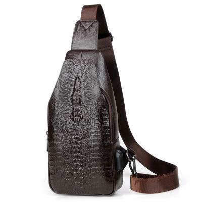 Luxury Brand Men Leather Chest Bag Alligator Messenger Bag USB Charging Crossbody Bag Man Chest Pack Crocodile Pattern Sling Bag