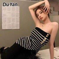 Du Yan ฉบับภาษาเกาหลีปลอกคอคำแขนกุดสีเสื้อกั๊กลายทางสีตัดกันด้านบนด้านข้างที่ไม่สม่ำเสมอ