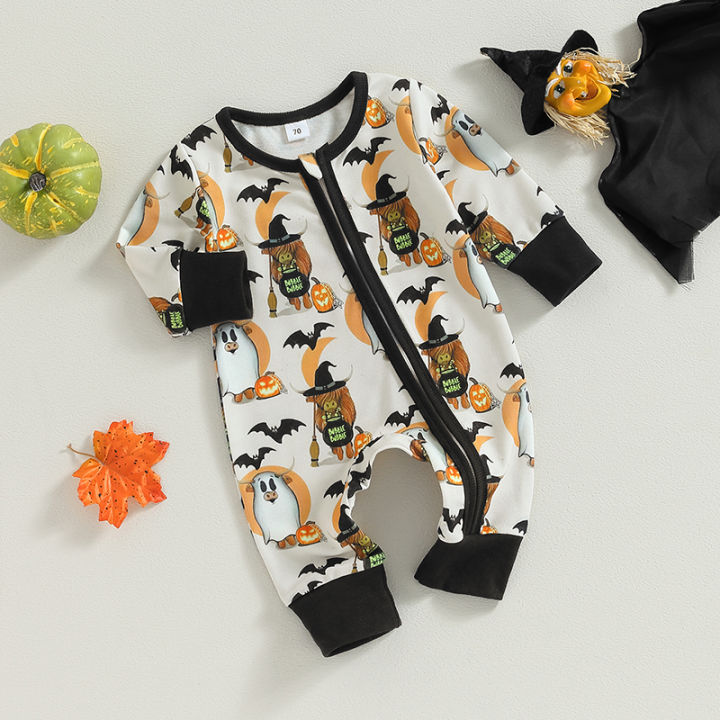 ชุดเสื้อแขนยาวเด็กชายจั๊มสูทมีซิปพิมพ์ลายวัวฮาโลวีนสำหรับเด็กทารกเสื้อผ้าฤดูใบไม้ร่วง