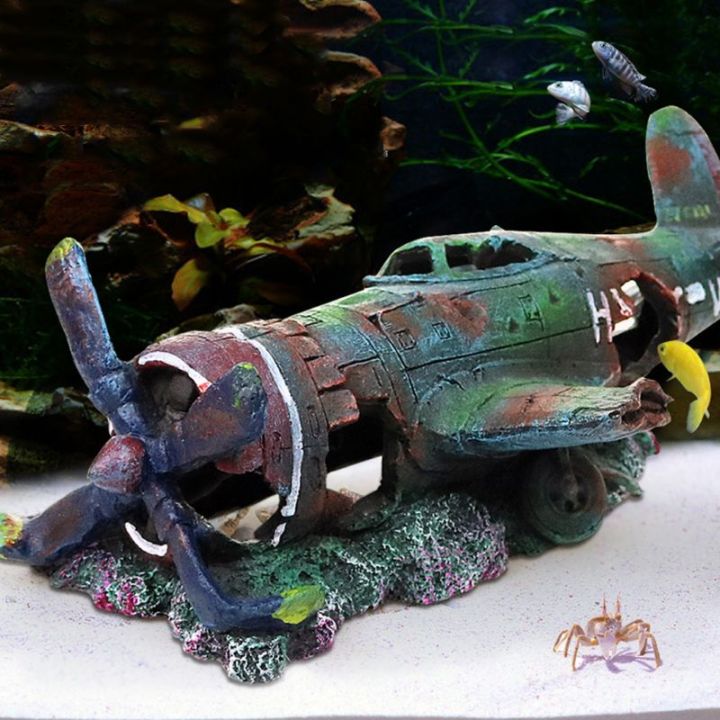 aquarium-warplane-ตู้ปลาเครื่องประดับเรซิ่นซากปรักหักพังหินซ่อนตัวสำหรับที่ดักสัตว์น้ำเครื่องบินรบเครื่องประดับแกะสลักประณีตทำด้วยมือเหมือนจริง