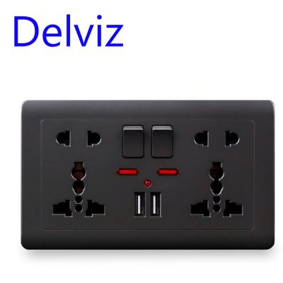 Delviz EU มาตรฐาน EU ช่องเสียบ Usb แผงฝังสีเทาพอร์ต USB คู่2.1A AC 110-250V สหราชอาณาจักรปลั๊กไฟติดผนังเต้าเสียบ5รู