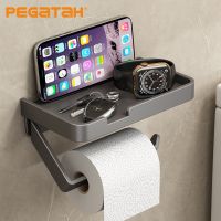 Toilet Paper Holder with Phone Shelf Self Adhesive Toilet Paper Roll Holder for Bathroom Aluminum Tissue Paper Roll Holder